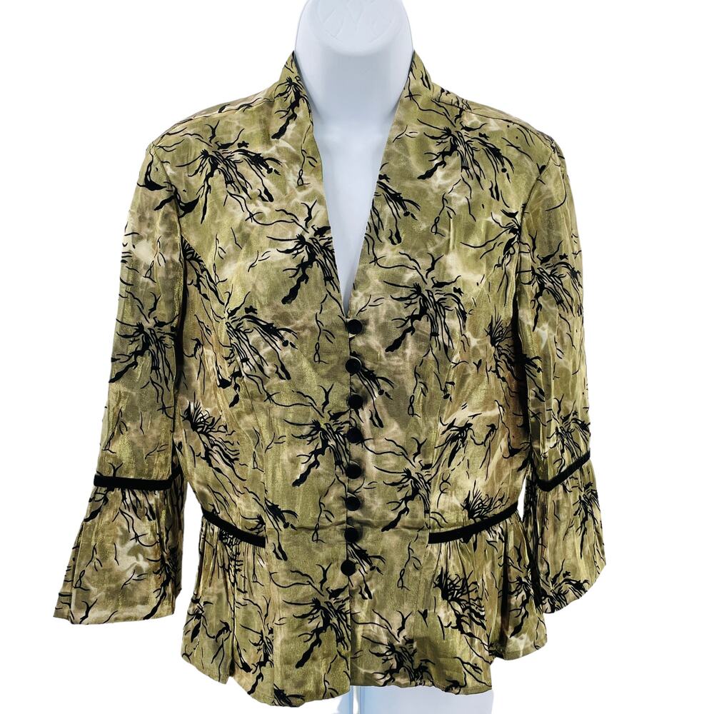 Dressbarn Green Shiny Black Asian Floral Flared Sleeve Blouse Womens 12